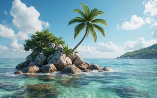 Картинка остров, необитаемый остров, отдых, живописный вид, 2k, прозрачная вода, кокосовая пальма, путешествия, отпуск, уединение, райский уголок, пальма, тропики, 1920х1080, камни, HD, 16:9, солнечный день, скалы, океан, пейзаж, солнце, небо, лето, облака, горизонт, нейросеть, экзотика, море, бирюзовая вода, свежесть, лазурная вода, природа, 4k, ИИ, рабочий стол, релакс, пляж