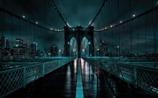 Картинка мост, Бруклинский мост, драма, Нью-Йорк, атмосфера, 16:9, город, 1920х1080, темные тона, городской пейзаж, небоскребы, мрак, архитектура, ночной город, ночь, ИИ, кинематографичность, туман, путешествия, урбан, нуар, нейросеть, HD, 2k, туризм, дождь, подсветка, ливень, 4k, иллюминация, отражения, огни города, США, бирюзовый, рабочий стол, мокрый асфальт, мегаполис, неон
