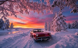 Картинка автомобиль, машина, яркое небо, 16:9, фары, путешествие, вид спереди, винтажный автомобиль, заснеженная дорога, заснеженные деревья, классика, закат, 4k, рассвет, купе, бампер, красный автомобиль, ИИ, HD, нейросеть, розовые облака, снег, 2k, ретро-авто