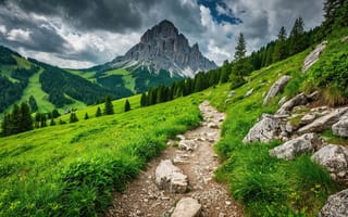 Картинка пейзаж, горы, нейросеть, перспектива, валуны, небо, рабочий стол, 4k, Альпы, путь, камни, Доломиты, активный отдых, хвойный лес, 2k, 1920х1080, панорама, лес, грозовые тучи, хребет, 16:9, дорога, HD, свет и тень, треккинг, природа, облака, скалы, вдохновение, сочная трава, туризм, ИИ, сосны, холмы, хайкинг, свобода, зеленый луг, дикая природа, каменистая тропа, горная вершина, реализм, глубина резкости, лето, ели, путешествия, склоны, Доломитовые Альпы, пик, вершина горы, тропинка