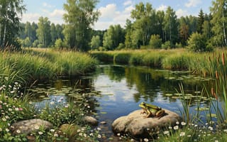 Картинка лягушка, зеленая лягушка, облака, 16:9, амфибия, пруд, камыши, зеленая трава, дневной свет, белые цветы, ромашки, валун, дикие цветы, реализм, водоем, летний пейзаж, уют, ели, лес, кувшинки, голубое небо, жаба, лилии, 2k, берег, камень, HD, рабочий стол, деревья, цветущий берег, березы, весна, густая зелень, безмятежность, нейросеть, лето, река, рогоз, ИИ, штиль, трава, день, пейзаж, 1920х1080, иллюстрация, озеро, 4k, отражение неба, березовая роща, природа, чистая вода