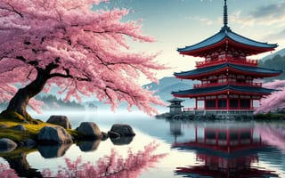Картинка пейзаж, природа, 3D рендер, зеленый мох, озеро, зеркальная вода, нейросеть, розовые цветы, весенний пейзаж, спокойствие, традиционная архитектура, Кино, Азия, утренний туман, цифровая графика, концепт арт, ИИ, цветение сакуры, горы, камни, вода, 2k, путешествия, сакура, медитация, туризм, дзен, умиротворение, HD, гармония, облака, река, пруд, раскидистое дерево, Киото, весна, холмы, азиатский стиль, Япония, берег, синтоизм, дымка, пагода, 1920х1080, рабочий стол, вишня, реализм, валуны, гладь
