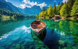 Картинка пейзаж, природа, изумрудный лес, бирюзовая вода, день, 2k, туризм, лето, отпуск, горное озеро, концепт арт, деревья, река, горный хребет, лесной берег, сосны, озеро, релакс, солнечный свет, HD, рабочий стол, ели, деревянный дом, берег, хижина, весельная лодка, каменистое дно, камни под водой, дзен, пики, вершины, спокойствие, 16:9, домики, цифровая графика, водоем, шале, небо, путешествия, скалы, ИИ, деревянная лодка, зеркальная гладь, отдых, лодка, нейросеть, реализм, кристально чистая, 