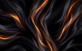 Картинка абстракция, линии, шелк, отражение, темный, минимализм, HD, ИИ, нейросеть, роскошь, материя, гладкость, свечение, ткань, 16:9, пламя, волны, футуризм, дым, искры, оранжевый, черный, текстура, 4k, складки, янтарный, цифровой арт, угольный, огонь