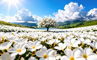 Картинка пейзаж, природа, 2k, ромашки, ковер из цветов, цветение, утро, покой, ИИ, горы, рабочий стол, голубое небо, гладь воды, белые цветы, блики, облака, яркий свет, реализм, нейросеть, дерево, 1920х1080, поле, река, лучи солнца, долина, вода, рассвет, плюмерия, солнце, кучевые облака, белые облака, цифровой арт, одинокое дерево, ствол, озеро, цветущее дерево, крона, лепестки, лето, гармония, весна, холмы, иллюстрация, 4k, зеленые холмы, HD, 16:9, небо, луг, умиротворение, свежесть, первоцветы