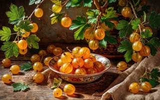 Картинка крыжовник, ягоды, HD, еда, сад, полупрозрачные ягоды, макро, ИИ, мешковина, янтарный крыжовник, старая древесина, холщовая ткань, 16:9, спелые ягоды, 4k, фермерские продукты, зеленые листья, витамины, нейросеть, тарелка с узором, пиала, солнечный свет, деревянный стол, ветки крыжовника, прожилки, натюрморт, детализация, 2k, блики, ваза, урожай, 1920х1080, желтый крыжовник, рабочий стол, летний день, концепт арт, кувшин, тепло, огород