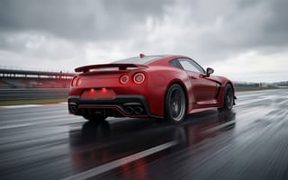 Картинка Nissan GT-R, суперкар, облака, HD, красный автомобиль, автоспорт, спортивный автомобиль, трибуны, автогонки, движение, серые облака, выхлопные трубы, драйв, спойлер, 2k, адреналин, тучи, ракурс сзади, динамика, рабочий стол, брызги, гоночная трасса