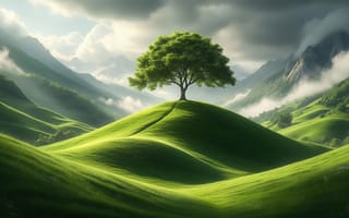 Картинка пейзаж, природа, картина, дымка, зеленая трава, реализм, ИИ, HD, скалы, солнечный свет, горы, равнина, свет, рабочий стол, одинокое дерево, новая строка, небо, дерево, иллюстрация, нейросеть, покой, грозовые тучи, туман, лучи солнца, пики, вершины