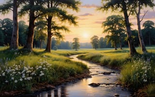 Картинка пейзаж, природа, нейросеть, вода, белые цветы, картина, деревья, закат, камни, река, ручей, ИИ, вечер, рассвет, солнце, цифровой арт, долина, рабочий стол, HD, лес, трава, луг, блики, облака, реализм, 1920х1080, течение, цветы, 4k, 16:9, небо, 2k, золотой час, лето
