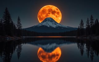 Картинка пейзаж, ночной пейзаж, вулкан, полнолуние, сияние, природа, пик, вершина горы, идеальное отражение, ИИ, Луна, силуэты деревьев, темнота, лес, 2k, сосны, HD, рабочий стол, ели, цифровой арт, атмосфера, 16:9, река, фотореализм, оранжевая луна, суперлуние, спокойствие, зеркальная гладь, 1920х1080, симметрия, звездное небо, мистика, хвойный лес, ночь, Маунт-Худ, гора, свет луны, величие, блики на воде, пруд, огромная луна, заснеженная гора, озеро, кровавая луна, 4k, нейросеть