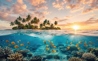 Картинка пейзаж, природа, розовые облака, оранжевые рыбки, тропические рыбы, море, ИИ, рассвет, экзотика, рабочий стол, песок, прозрачная вода, нейросеть, 1920х1080, 4k, закат, лазурная вода, бирюзовая вода, облака, солнце, коралловый риф, остров, цифровой арт, сноркелинг, путешествия, тропики, рыбы, пляж, HD, стая рыб, морское дно, небо, туризм, лучи солнца, необитаемый остров, кораллы, 16:9, дайвинг, 2k, искры, глубина, блики, пальмы, под водой, океан, подводный мир