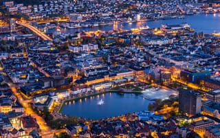Картинка Bergen, город, Norway, огни, ночные города, ночь, Норвегия, иллюминация, Берген