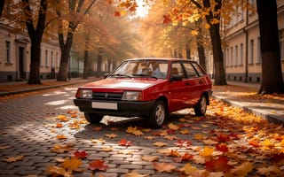 Картинка ваз-2109 Самара, осень, нейросеть, дома, осенний пейзаж, разное, машины, Советско-Российский хэтчбек, брусчатка, желтая листва клёна, тёплый, красный цвет, городская улица