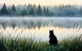 Картинка кот, кошка, деревья, 4k, покой, вода, тишина, осока, ели, утро, водоем, берег, рассвет, пейзаж, силуэт, нейросеть, утренняя дымка, туман, умиротворение, лес, озеро, природа, зеркальная гладь, 16:9, трава, спиной, 2k, HD, 1920х1080, камыш, пушистый