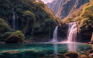 Картинка на открытом воздухе, небо, водопад, пейзаж, дерево, вода, река, рок, лес, горы, природа, без людей