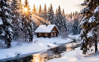 Картинка дом, домик, заснеженные деревья, солнце, закат, нейросеть, река, HD, незамерзающая река, крыша в снегу, сказка, ели, тайга, хвойный лес, рабочий стол, уединение, атмосфера, ИИ, сугробы, золотой свет, 2k, зима, извилистая река, снег, солнечные лучи, сосны, деревянный дом, лес, окна, теплое освещение, морозное утро, уют, избушка, отражение солнца, свет сквозь ветви, зимний пейзаж, покой, рассвет, деревья в снегу, 1920х1080, 16:9, лед, дым из трубы, дикая природа, изба, 4k, вода