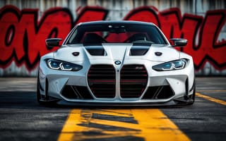 Картинка BMW, BMW M4, рабочий стол, лазерные фары, 16:9, желтая разметка, тюнинг, обвес, стритвэйв, нейросеть, BMW M4 CSL, 4k, спортивные зеркала, 1920х1080, ноздри bmw, скорость, асфальт, граффити, БМВ М4, g82, драйв, bmw m power, купе, каркас безопасности