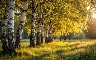 Картинка березы, березовая роща, деревья, поляна, теплое освещение, атмосфера, закат, березовая аллея, солнечные лучи, зеленая трава, 4k, рабочий стол, летний пейзаж, стволы, луг, умиротворение, лето, белые стволы, весна, крона деревьев, HD, картина, природа, опушка, 1920х1080, ИИ, пейзаж, русский пейзаж, полевые цветы, спокойствие, золотой свет, трава, листва, 16:9, кора, рассвет, 2k, солнце, зеленая листва, нейросеть