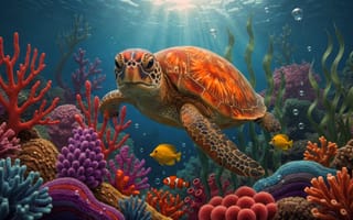 Картинка без людей, животное, световые лучи, подводный, рыба-клоун, каустики, черепаха, пузырёк воздуха, рыба, солнечный свет, пузырь, кораллы