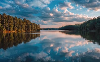Картинка пейзаж, природа, вода, зелень, 4k, туризм, симметрия, лето, нейросеть, сосны, умиротворение, 2k, 1920х1080, хвоя, зеркальное отражение, закат, вечер, 16:9, кучевые облака, берега, облака, синее небо, объёмные облака, тишина, ИИ, небо, покой, HD, деревья