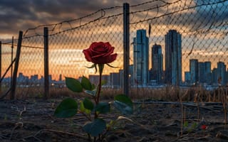 Картинка цветок, на открытом воздухе, лист, без людей, красный цветок, здание, растение, руины, роза, закат, город, облако, красная роза, небо, chain-link fence, пейзаж, колючая проволока, городской пейзаж, забор, небоскреб