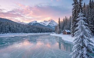Картинка пейзаж, зима, рассвет, хвойный лес, хижина, ели в снегу, горы, бирюзовый лед, замерзшее озеро, ИИ, заставка, реализм, мороз, закат, заснеженные горы, рабочий стол, зимний пейзаж, сугробы, утреннее солнце, озеро, шале, 16:9, HD, фотореализм, прозрачный лед, 1920х1080, нейросеть, путешествия, зимнее солнце, пики, вершины, концепт-арт, 2k, дикая природа, 4k, розовые облака, скалы, лед, сосны, уют, трещины на льду, туризм, деревянный домик, тайга