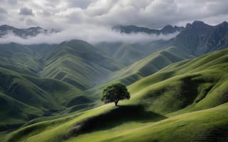 Картинка пейзаж, природа, нейросеть, 16:9, зеленая трава, дымка, концепт-арт, белый туман, облака, низкие облака, горы, горный хребет, реализм, пики, вершины, ИИ, дерево на холме, покой, путешествия, одинокое дерево, дикая природа, кучевые облака, туман, холмы, фотореализм, тени, туризм, 1920х1080, долина, зеленые холмы, 4k, HD, простор, заставка, величие природы, небо, безмятежность, рабочий стол, скалы, уединение, изумрудные склоны, 2k, дневной свет, фон для ПК