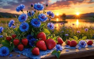 Картинка натюрморт, Летний натюрморт, свежесть, концепт-арт, ягоды, луг, клубника, 2k, отражение в воде, 4k, синие цветы, золотой час, блики, скамья, деревянный стол, закат, садовая земляника, трава, деревня, ИИ, заставка для ПК, пейзаж, 16:9, земляника, сочные ягоды, нейросеть, HD, букет, вода, васильки, лето, горы на фоне, цветы, река, рассвет, гладь воды, 1920х1080, бутоны, зеленые листья, чашелистики, рабочий стол, уют, вечерний свет, фотореализм, ажурная салфетка, реализм, солнце, озеро, солнечные