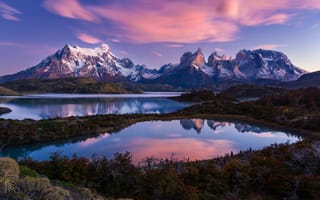 Картинка Чили, Patagonia, природа, облака, лес, альпинисты, озеро, отражение, небо, пейзаж