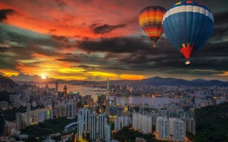 Картинка Пейзаж на воздушном шаре над Гонконгом, Китай, город, Гонконг