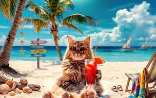 Картинка кот, мейн-кун, волны, океан, море, очки, 2k, солнце, релакс, сок, морские звезды, долька, лето, солнцезащитные очки, парусники, лодки, тапочки, ракушки, пальма, пляж, ИИ, облака, забавный арт, бирюзовая вода, полотенце, лодка с парусом, 16:9, трубочка