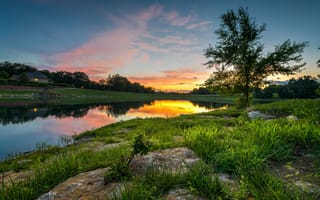 Картинка штат Миссури, США, пейзаж, берег, закат, деревья, водоём
