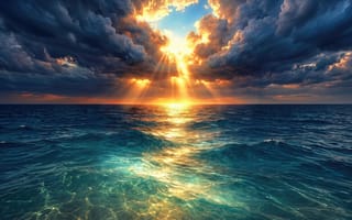 Картинка океан, море, сияние, прорыв света, природа, блики, реализм, глубина, облака, рабочий стол, прозрачная вода, драма, рассвет, волны, 4k, закат, золотой час, путешествия, ИИ, 2k, 1920х1080, бирюзовая вода, горизонт, вода, стихия, HD, солнечные лучи, контраст, эстетика, пейзаж, грозовые тучи, арт, солнце, 16:9, штормовое небо, прибой, нейросеть, божественный свет