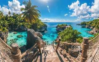 Картинка бухта, бирюзовая вода, небо, солнце, мостик, океан, арт, зелень, лето, дно, лазурный берег, скалы, лагуна, кокосовые пальмы, райский остров, прозрачная вода, рабочий стол, пейзаж, графика, лучи солнца, экзотика, джунгли, туризм, 3D, ИИ, залив