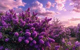 Картинка сирень, цветущая сирень, сад, эстетика природы, цветы, кучевые облака, цифровой арт, природа, весна, 4k, флора, парк, иллюстрация, весенний сад, фиолетовые цветы, ИИ, кусты сирени, романтика, розовый закат, весенний пейзаж, 16:9, закат, 2k, 1920х1080