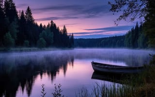 Картинка пейзаж, природа, ИИ, лес, водоем, гладь воды, деревья, берег, рассвет, 1920х1080, дымка, 16:9, фиолетовое небо, заря, умиротворение, река, силуэты деревьев, туман, ели, зеркальное отражение, лодка, камыш, деревянная лодка, HD, утренний туман, покой
