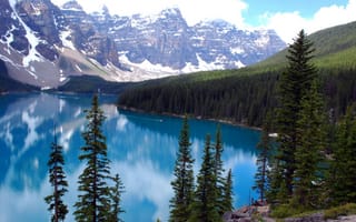 Картинка Lake Moraine, горы, Канада, озеро, скалы, Canada, Озеро Морейн, деревья, пейзаж, Альберта
