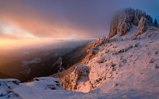 Картинка Чахлэу, закат, деревья, зима, Румыния, горы
