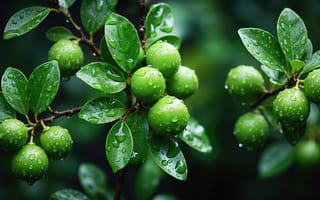 Картинка лайм, цитрус, изумрудный цвет, ИИ, природа, ботаника, тропики, макросъемка, урожай, заставка, лето, рабочий стол, зеленые листья, ветка, ветка дерева, капли, 16:9, свежесть, глянцевые листья, 4k, утренняя роса, дерево, нейросеть, капли воды
