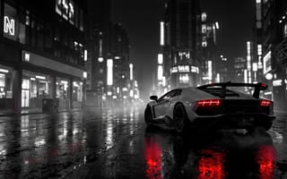 Картинка Ламборгини, aventador, неон, роскошь, 4k, 16:9, стоп-сигналы, красные огни, гоночный автомобиль, автоспорт, скорость, спойлер, ИИ, рендеринг, спорткар, контраст, дождь, лужи, белая машина, мокрый асфальт, 1920х1080, отражение, HD, рабочий стол, 2k