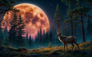 Картинка на открытом воздухе, небо, природа, звёздное небо, Луна, красная луна, лес, полнолуние, пейзаж, трава, животное, ночное небо, без людей, ночь, рога, дерево, олень, рок