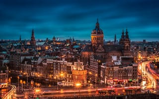 Картинка Amsterdam, Нидерланды, иллюминация, огни, ночь, Голландия город, Амстердам
