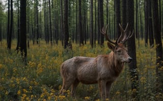 Картинка цветок, на открытом воздухе, природа, трава, день, без людей, рога, дерево, лес, олень, реалистичный, животное, пейзаж