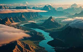 Картинка горы, долина, восход, солнце, пейзаж, облака, река