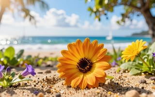 Картинка цветок, лепестки, берег, 2k, красота, море, лето, пейзаж, 16:9, экзотика, солнце, отдых, размытый, отпуск, рабочий стол, 1920х1080, зелень, Мальдивы, 4k, рай, солнечный свет, океан, побережье, безмятежность, свежесть, HD, карибы, ИИ, песок, деревья