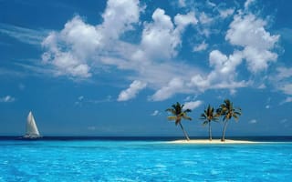 Картинка тропики, море, пейзаж, 2k, отпуск, карибы, рендеринг, Мальдивы, вода, рай, безмятежность, путешествия, океан, пляж, 4:3, курорт, бирюзовый, остров, солнце, 4k, белые облака, пальмы, лето, экзотика, релакс, горизонт, голубое небо, HD, природа, лазурный, песок, парусник, лодка, отдых, яхта, рабочий стол, кокосы