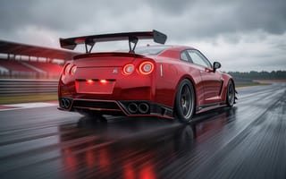 Картинка автомобиль, машина, 4k, вода, отражение, метафора, автоспорт, Nissan GT-R, трибуны, трасса, глубокий смысл, небо, красный цвет, 2k, размытие, гоночный болид, 1920х1080, драйв, спойлер, фары, рабочий стол, пасмурно, купе, философия, движение