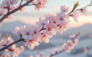 Картинка сакура, вишня, весна, обновление, спокойствие, философия, лепестки, глубокий смысл, солнечный свет, 2k, весенний пейзаж, 1920х1080, соцветия, ветка, ИИ, макросъемка, умиротворение, гармония, крупный план, эстетика, рассвет, тычинки, природа, метафора