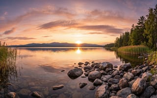 Картинка озеро, река, залив, пейзаж, 16:9, валуны, ИИ, камни, солнечные лучи, горный хребет, сосны, горы, философия, солнечная дорожка, тайга, камыш, рассвет, 2k, каменистый берег, умиротворение, уют, HD, вечернее небо, 1920х1080, березы, трава, тростник