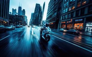 Картинка мотоцикл, байк, ночь, рабочий стол, 4k, размытие, ИИ, драйв, трасса, HD, мегаполис, небоскребы, дождь, 1920х1080, 2k, неон, гонка, город, киберпанк, синий тон, Технический центр, футуризм, мотоциклист, вывески, нейросеть, мокрый асфальт, скорость, 16:9
